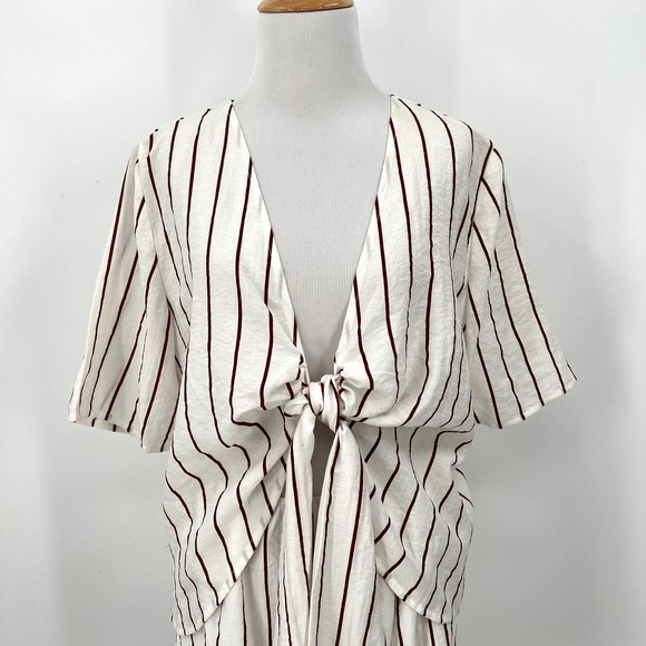 SABO SKIRT Dress Womens Medium White Brown Striped Short Sleeve Tie Front NWT - Picture 3 of 15